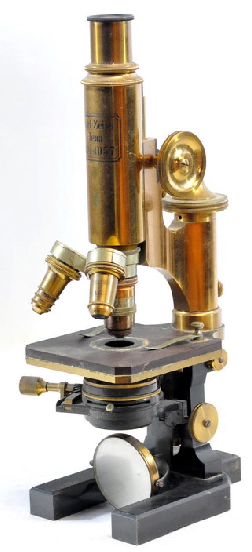 Antique Brass Microscope By Carl Zeiss Jena: No. 14057, Comes with original box, 13" high