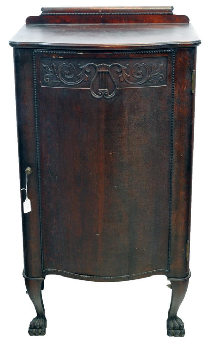 Antique Mahogany Music Chest: Applied carving on front, Claw Feet on front, Splash board with beaded design, 37" X 21" X 15"