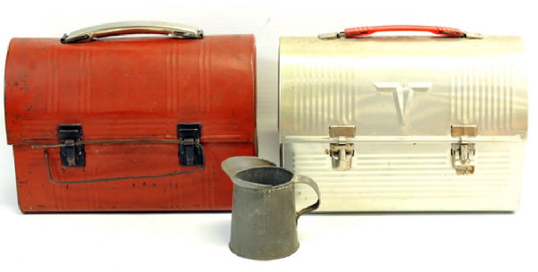 5 Metal Piece Lot: 2 Vintage lunch boxes with: Thermos, 1 Antique Cream Can 4 Qt., 1 Campfire Vintage Metal Coffee Pot, 1 Vintage Metal Individual Creamer