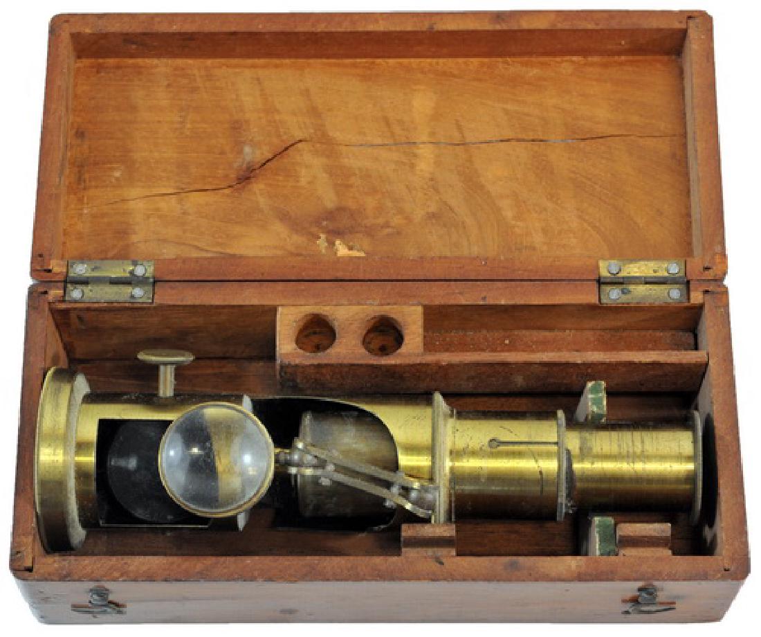Antique Brass Microscope With Wooden Box: Unknown maker