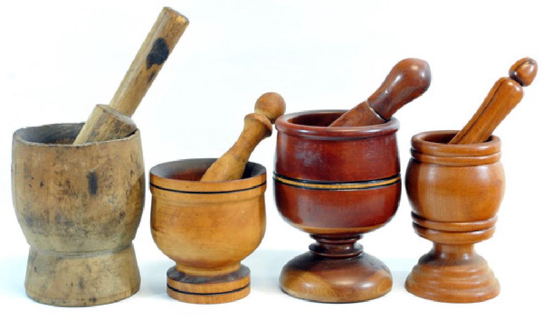 9 Antique Wooden Pestle & Mortar's: All in good condition