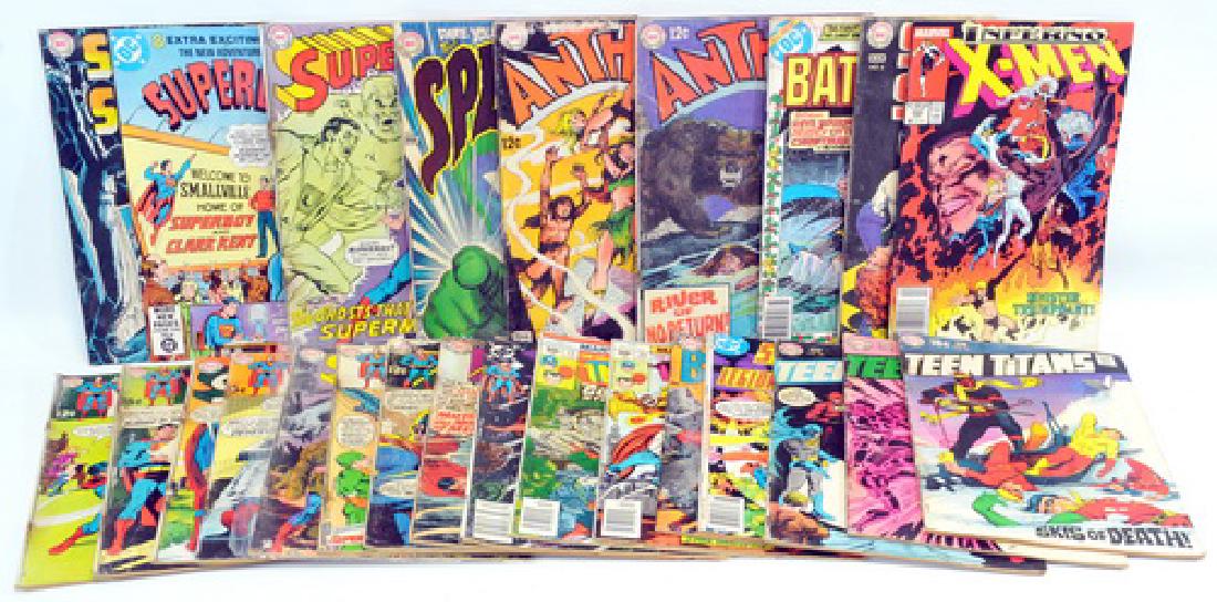 25 Comic Books: Superman 185, 186, 215, 189, 214, 216, 190, 374, 338, 89, The Invaders 13, 15, Blackhawk 226, Superboy 242, 12, Teen Titans 25, 22, 24, X-Men 243, Bat Man 309, Anthro 5, 4, Spectre 9, 8, Secret Six 6,