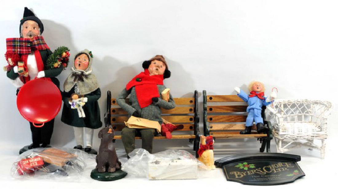 Byers Choice Ltd. & Other Christmas Items: Caroler holding doll, Caroler feeding birds sitting on a bench, Horse carrying christmas supplies, doll size tables, bike and etc.