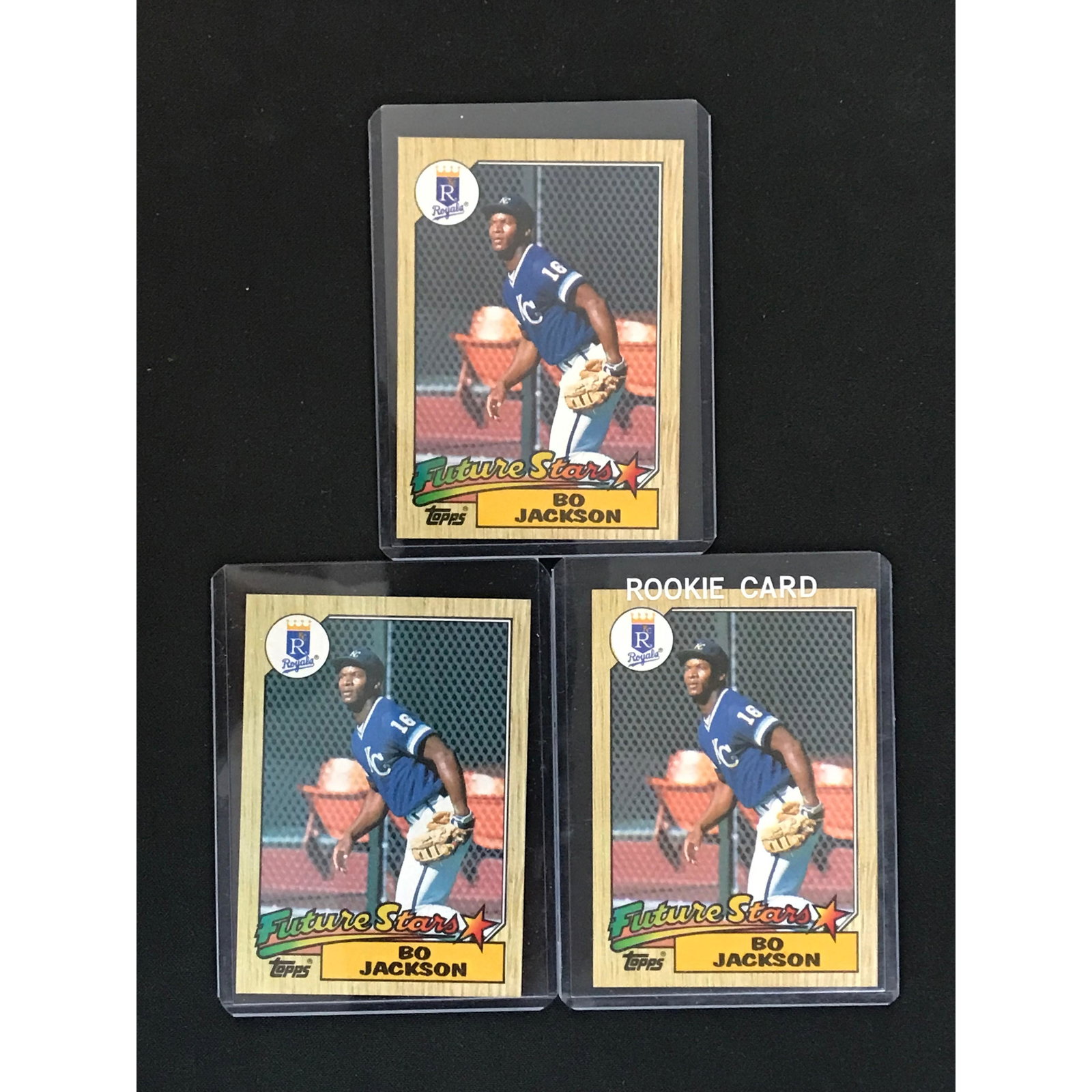 Three 1987 Topps Bo Jackson Rookie Cards: Three 1987 Topps Bo Jackson Rookie Cards