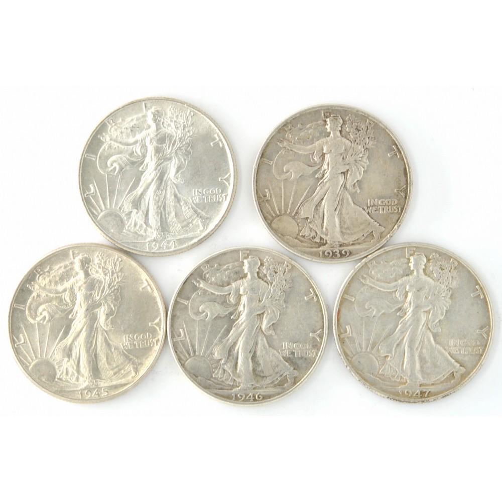 5 Unc Walking Liberty Half Dollars 1939-1947 (1 of 2)