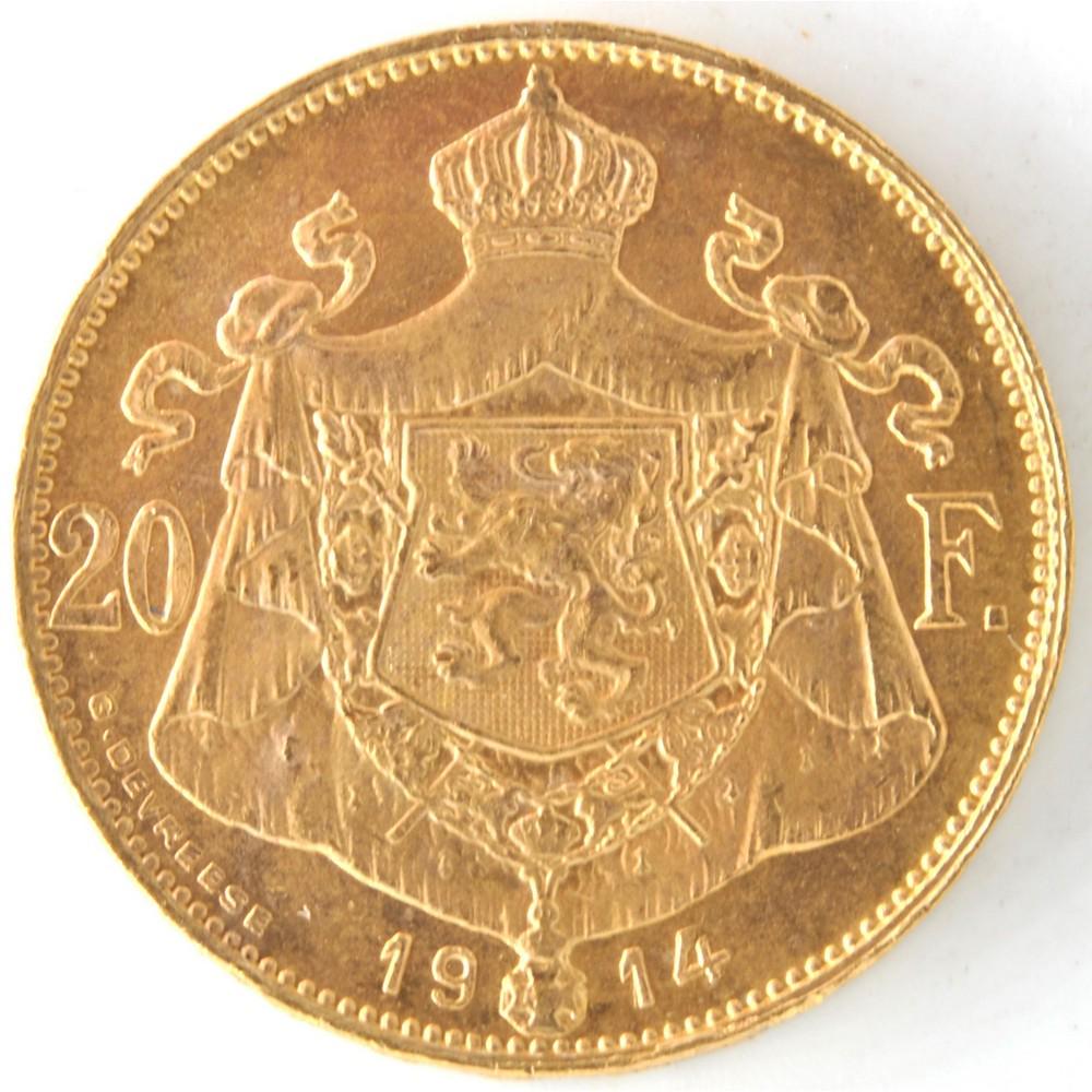 1914 Belgium 20 Franc Gold Coin: AGW: 0.1867oz, 0.9000 , 6.4516g Mintage 125,000 KM# 79