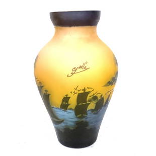 Art Glass Vase, Signed Gall'e: Hand painted, sailing vessels, black, blue, yellow tone, 12H