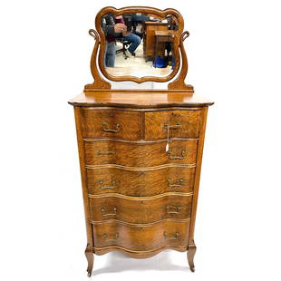 Oak Serpentine Front 6 Drawer Chest with Beveled Glass Mi: Measures 48x31 mirror is 20 inches high