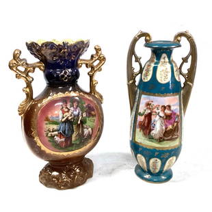 Pair of Vases, Hand painted, signed: Depicting woman 13H