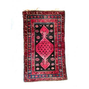 Antique Small Persian Carpet: Red, Green, Black, 5'7"L x 3'3"W