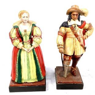 Pair of chalkware statues, Pirate and Vintage Lady: 16H