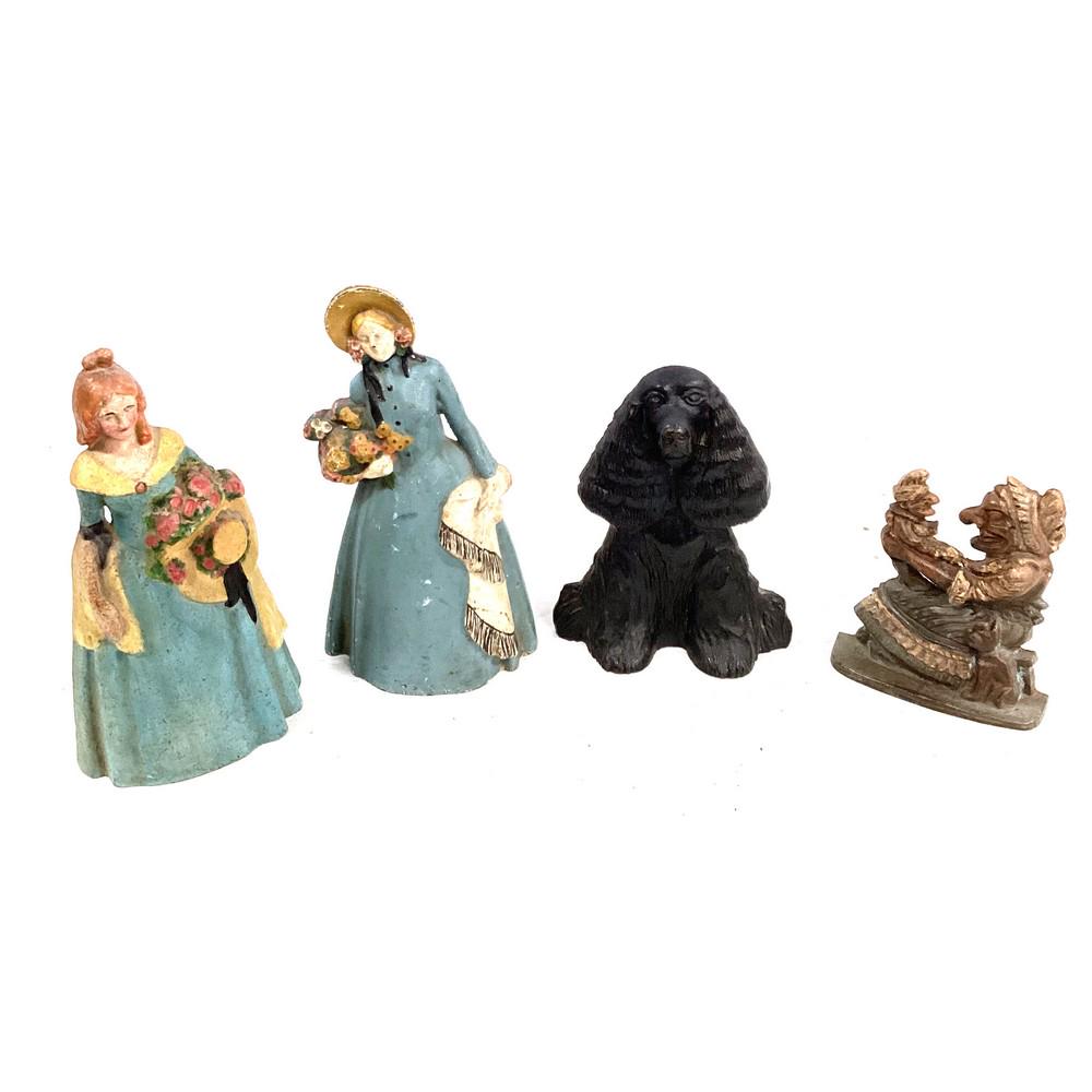4 Piece Cast Iron Doorstops: 4 Piece Cast Iron Doorstops Spaniel Signed 1949 Punching Judy