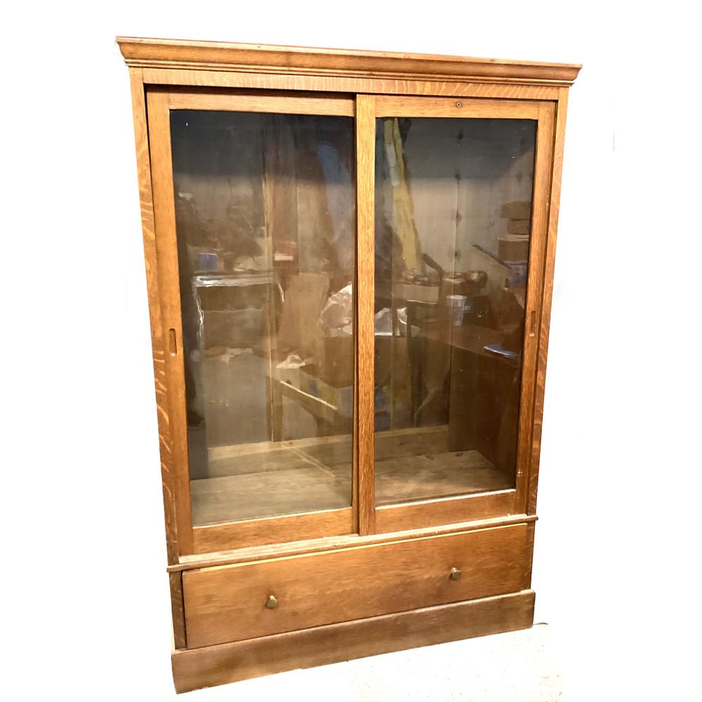 Antique Oak Sliding Glass Bookcase With One Drawer