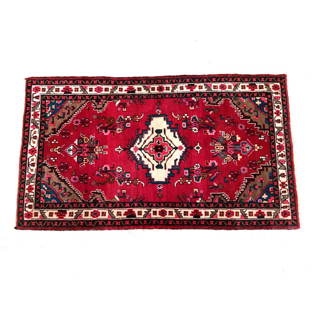 Semi-Antique Persian Carpet, Geometric Design, Flo: Salmon, White Blue 6'7" x 3'9"