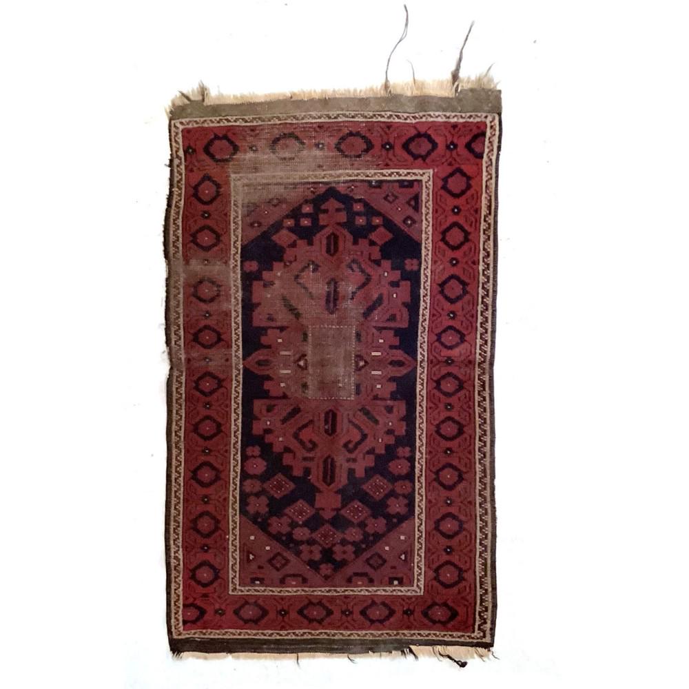 Semi-Antique Persian Carpet, Worn: Salmon, Black, White, 3'10"x2'4"