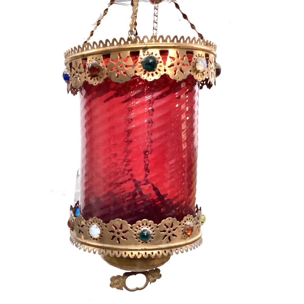 Victorian ruby swirl glass hanging lamp with brass (1 of 1)