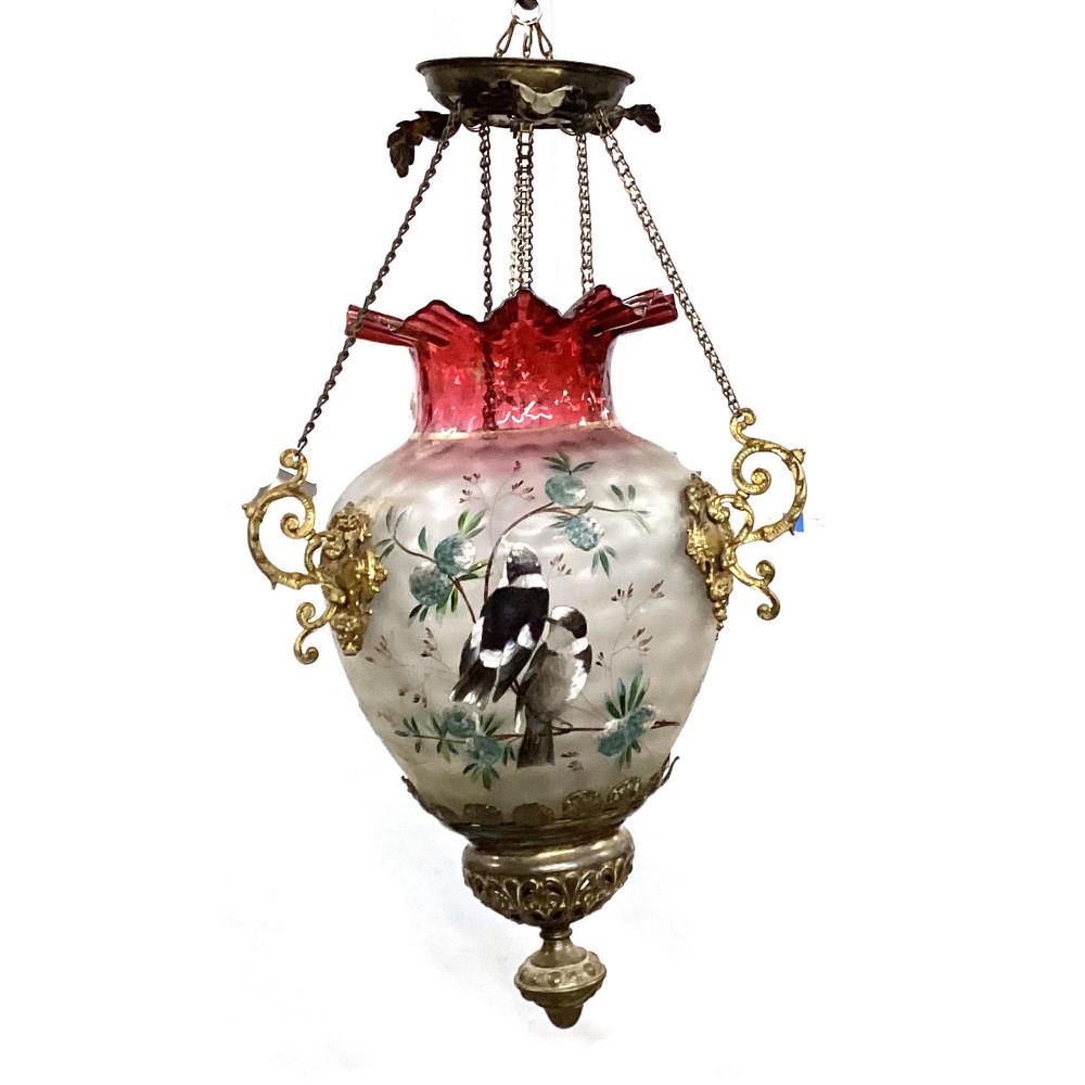 Fancy high Victorian satin glass with cranberry Br: printed black birds