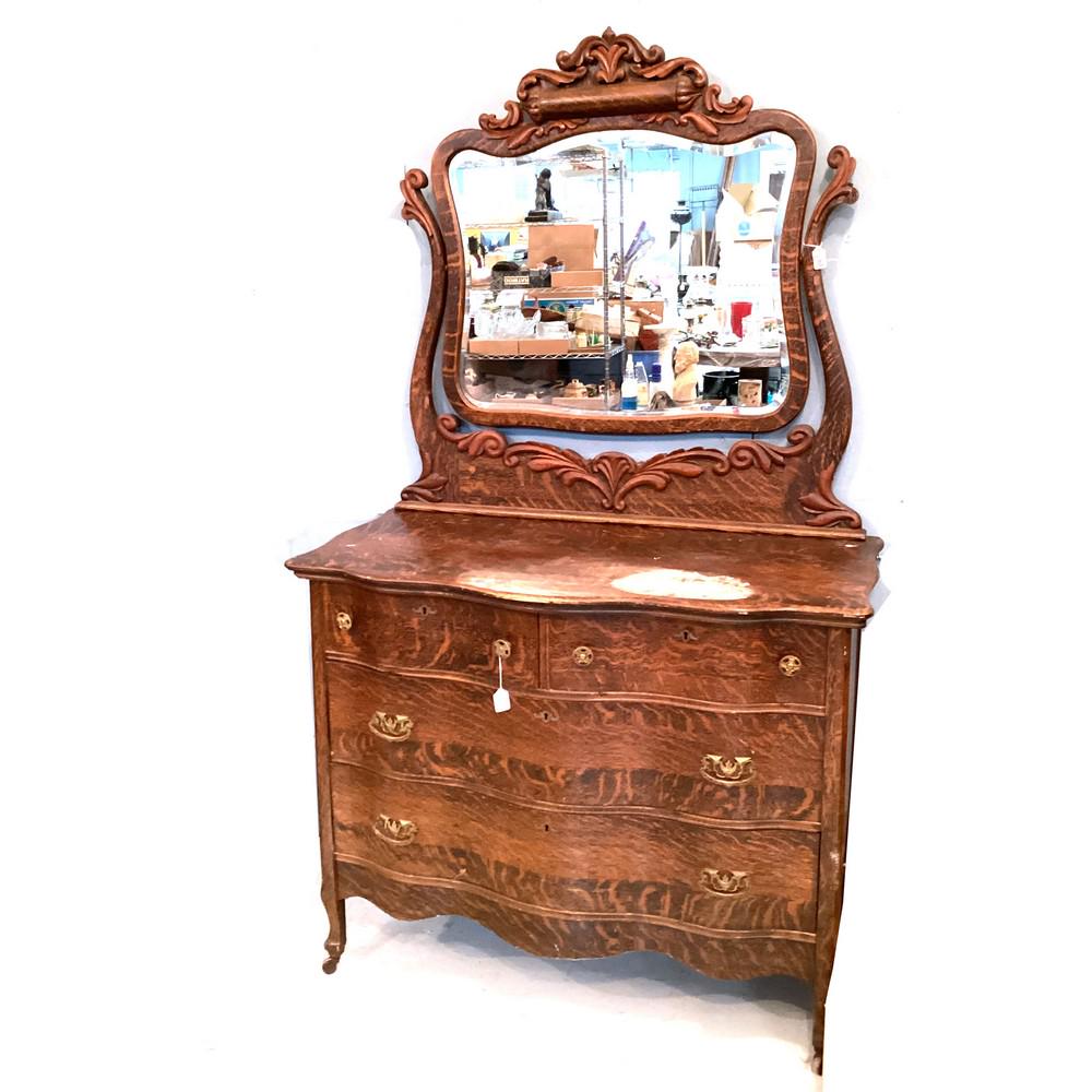 Vintage Oak 4 Door Dresser with Beveled glass Mirr (1 of 1)