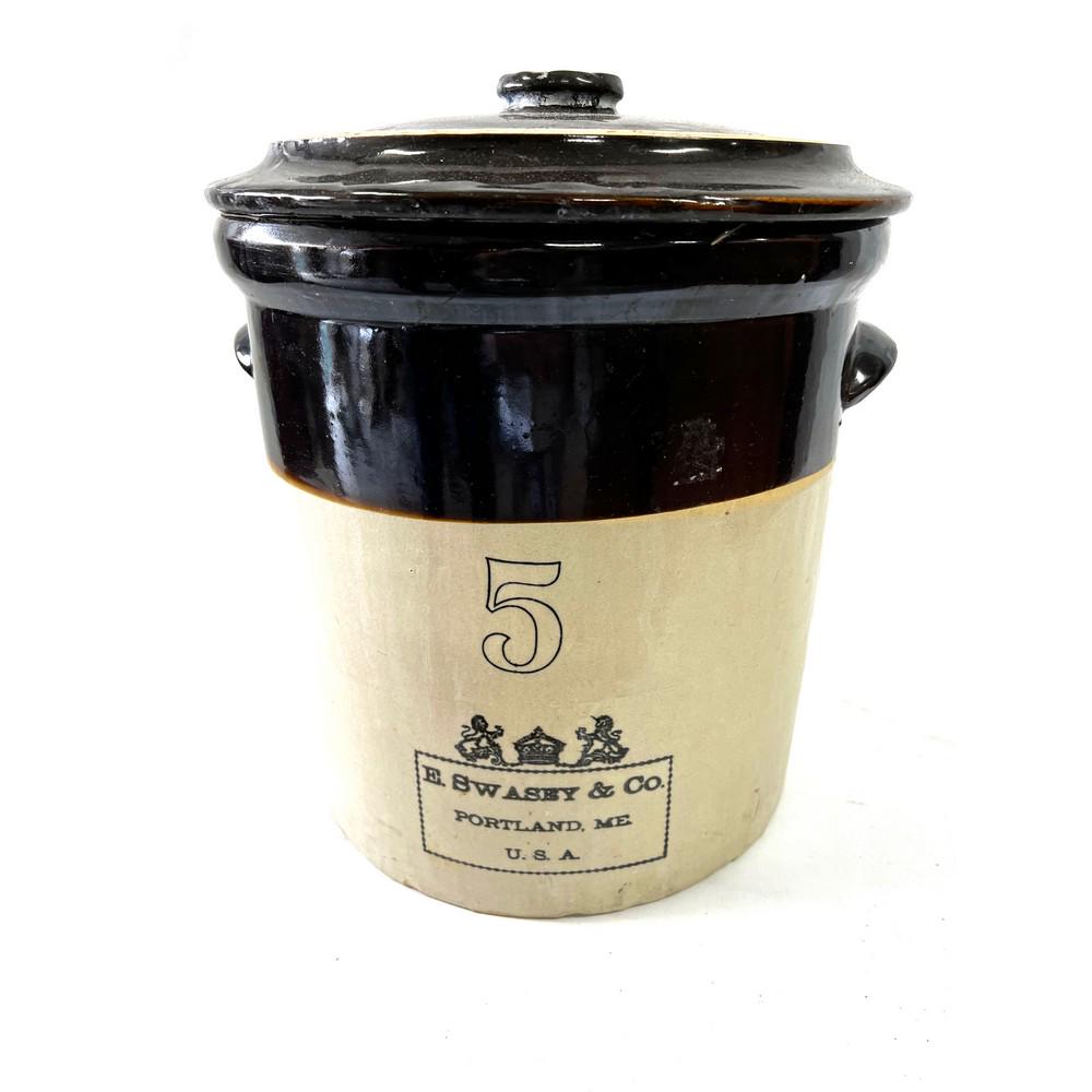 E Swasey & Co Portland ME, Stoneware #5 crock, cov: 14Hx13dia