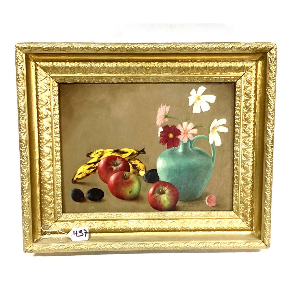 Oil On Board 18x21 Deep Frame Still Life Fruit Sig: Oil On Board 18x21 Deep Frame Still Life Fruit Signed Slot nick 1959