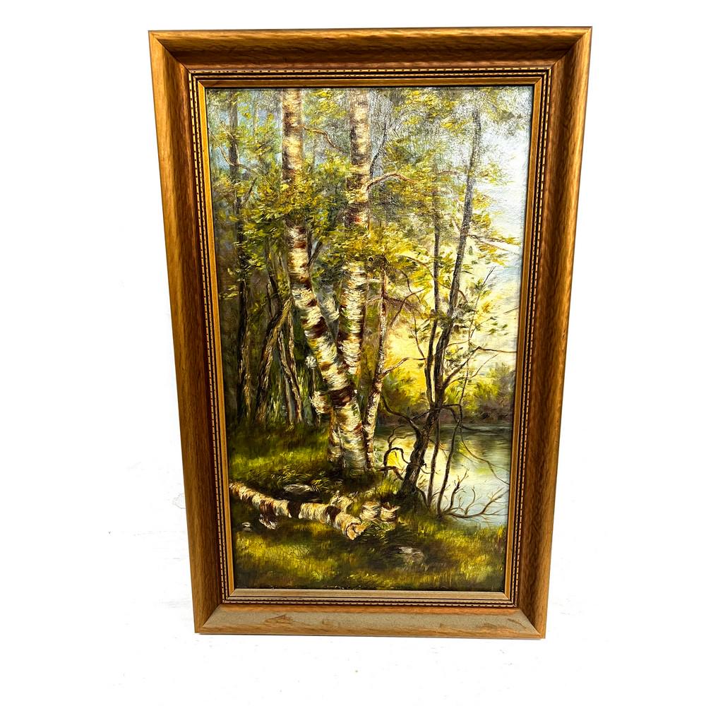 Antique Oil On Canvas Still Life Birch Trees 28x17: Antique Oil On Canvas Still Life Birch Trees 28x17