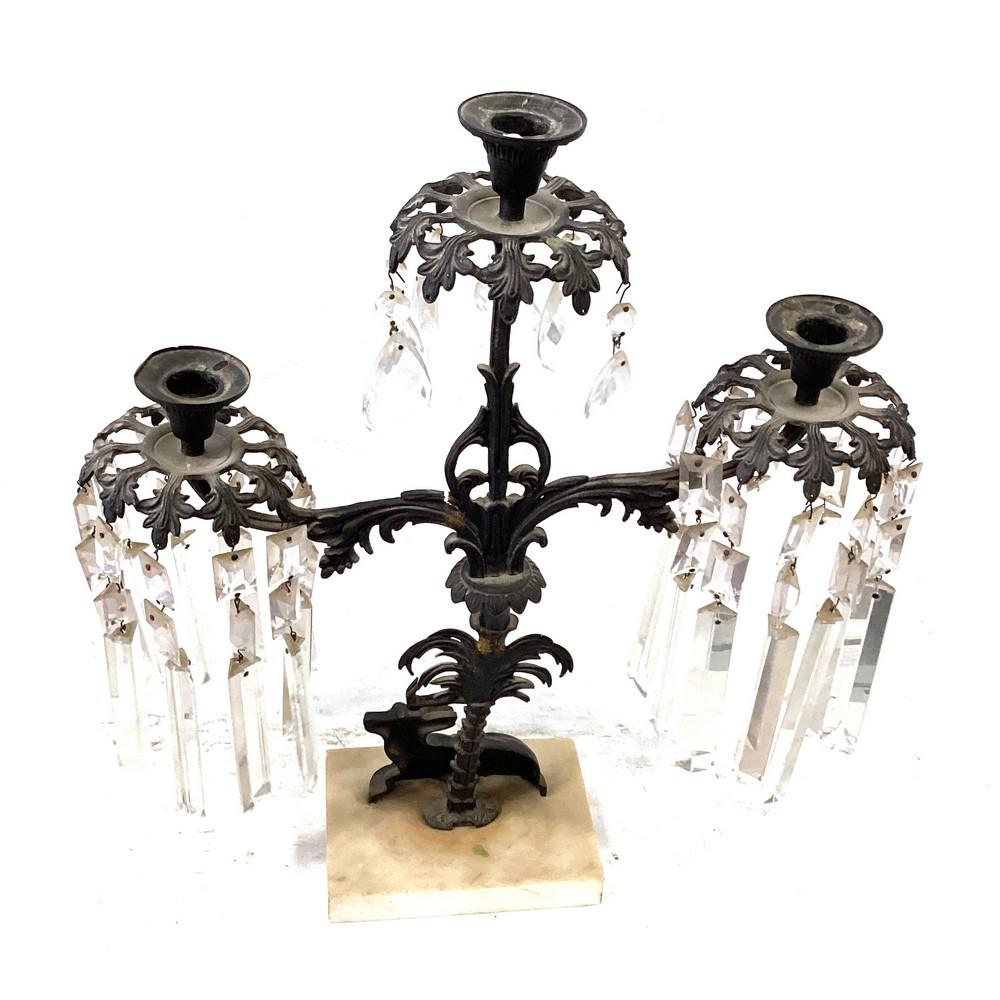 Antique Metal and Crystal Triple Candle Holder Sta (1 of 1)