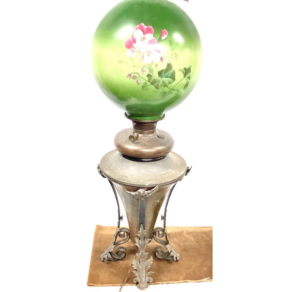 Antique Lamp, Brass Base, Green Floral Glass Globe (1 of 1)