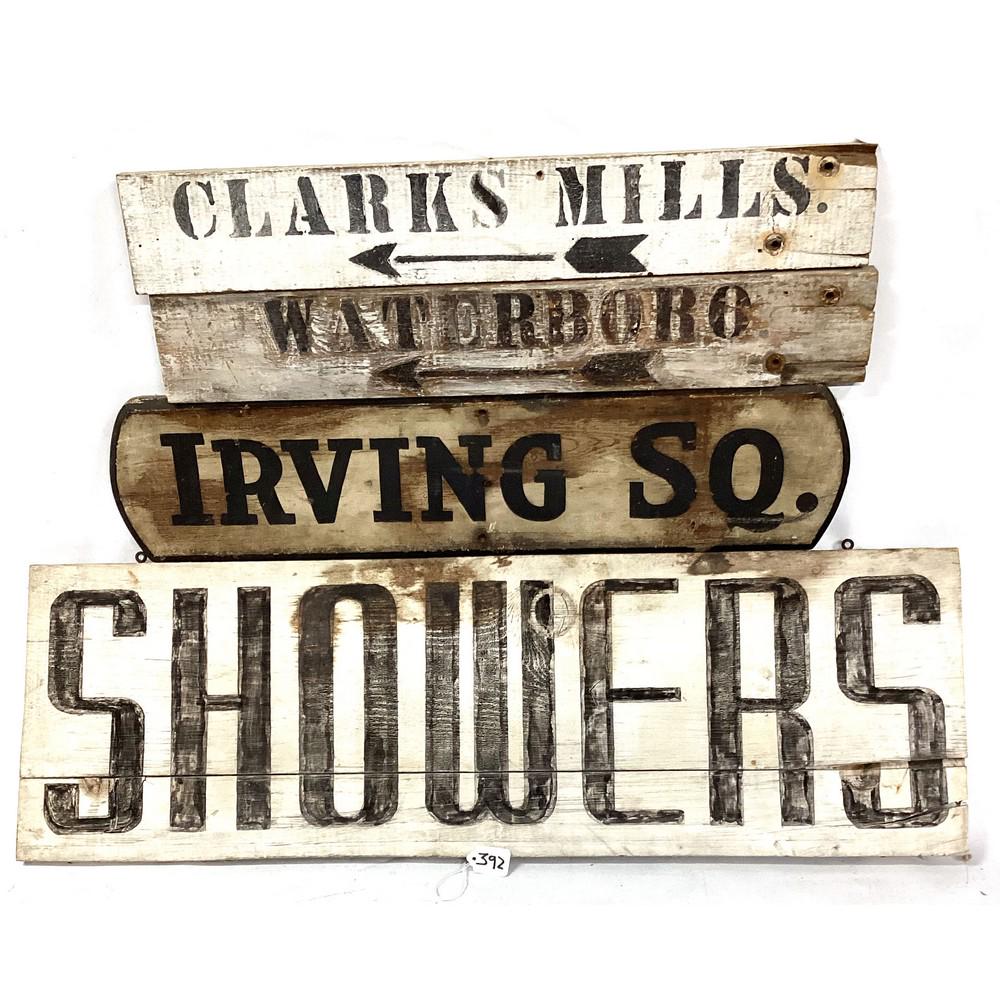 Four Wooden Signs Clarks Mills/Waterboro/Showers/I: Four Wooden Signs Clarks Mills/Waterboro/Showers/Irving Sq