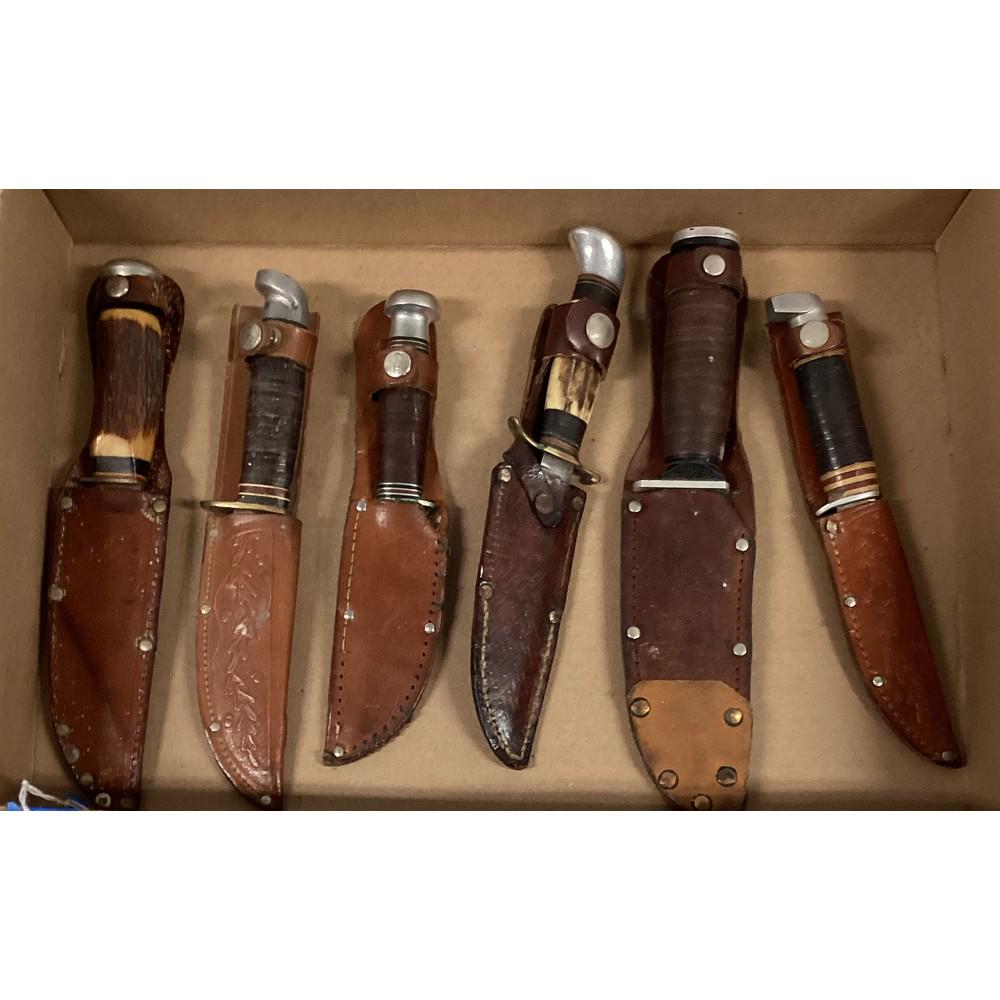 6 Hunting Knives with Sheaths LL Bean Stag Handle/ May 22, 2022 Saco River Auction in ME