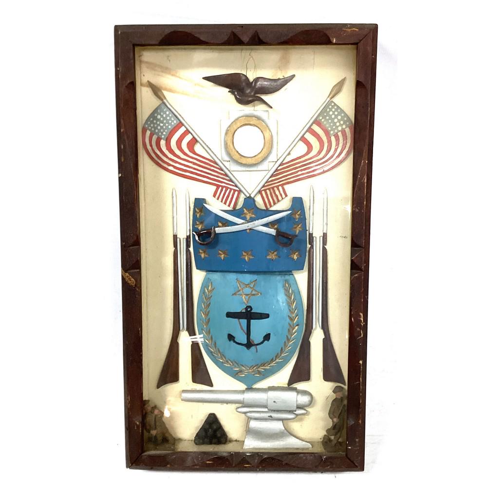 Vintage Folk Art, US Military diorama, Walnut Fram: Measures 19Hx11W