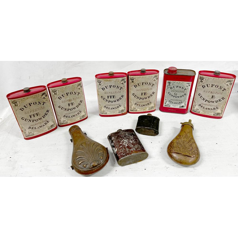 Lot Of 10 Vintage Gunpowder Containers And Flasks: 6 Dupont Superfine Gunpowder Containers, 2 Small Containers , 2 Gunpowder Flasks
