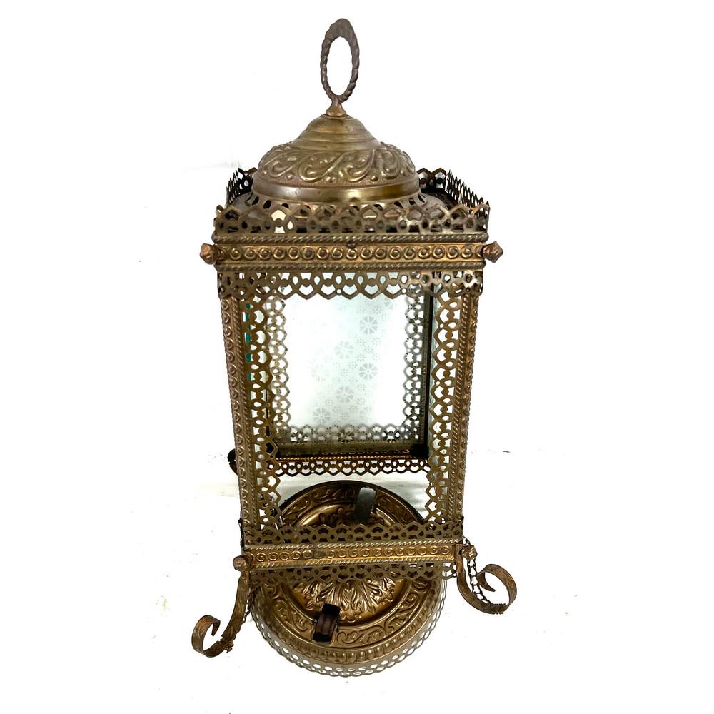 Antique Hanging Box Lamp With Etched Glass: Tin With Etched Glass