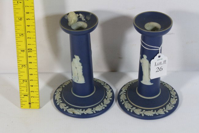 Pair of 6" Wedgwood jasperware candlesticks: Pair of 6" Wedgwood jasperware candlesticks