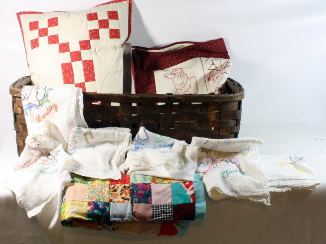 Old Country Handled Basket w/ Quilts and Linen: Old Country Handled Basket w/ Quilts and Linens incl 2 crib quilts and pillow