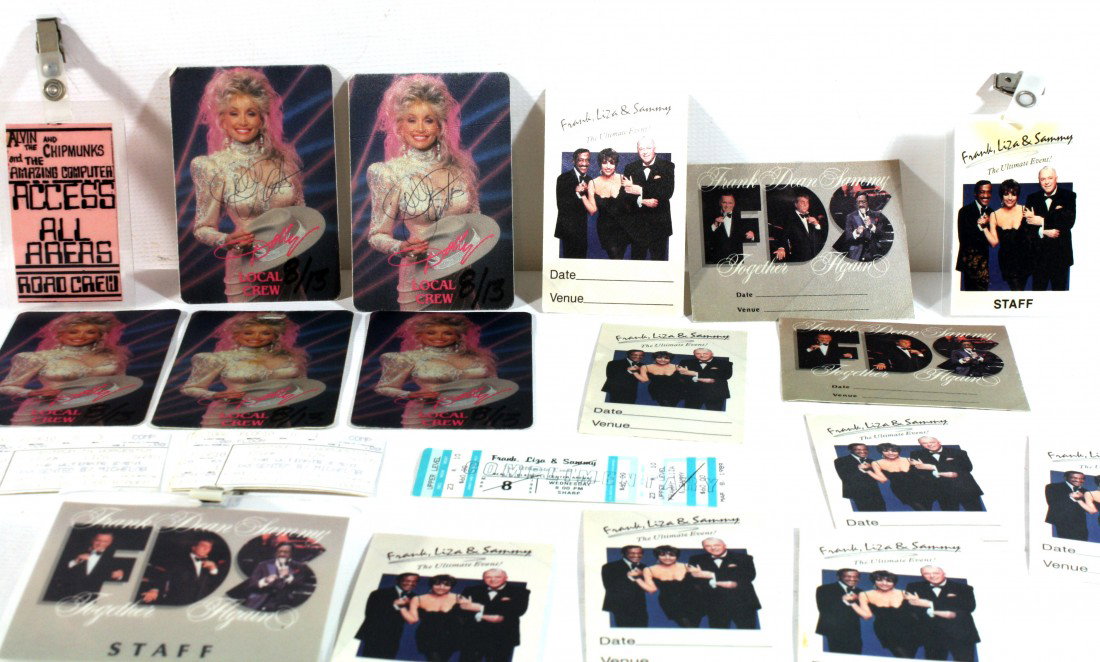 Sammy Davis Jr., Frank Sinatra, Liza Back Stage Pas: Sammy Davis Jr., Frank Sinatra, Liza Back Stage Passes, and Ticket Stubs, Dolly Parton Backstage passes including 2 Dolly Autographs