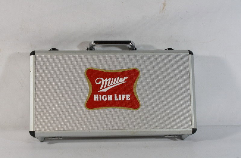 Poker Set- Miller High Life with chips, 2 decks car: Poker Set- Miller High Life with chips, 2 decks cards, buttons, and dice in metal box with keys