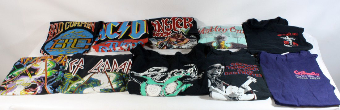 Lot of 10 Original Unworn Concert Tshirts includin: Lot of 10 Original Unworn Concert Tshirts including: Def Leppard (2 diff), Bad Company, ACDC Razor's Edge, Monsters of Rock, Motley Crew, Motley Crew 89/90, Poison, George Thorogood, Cinderella (crew)