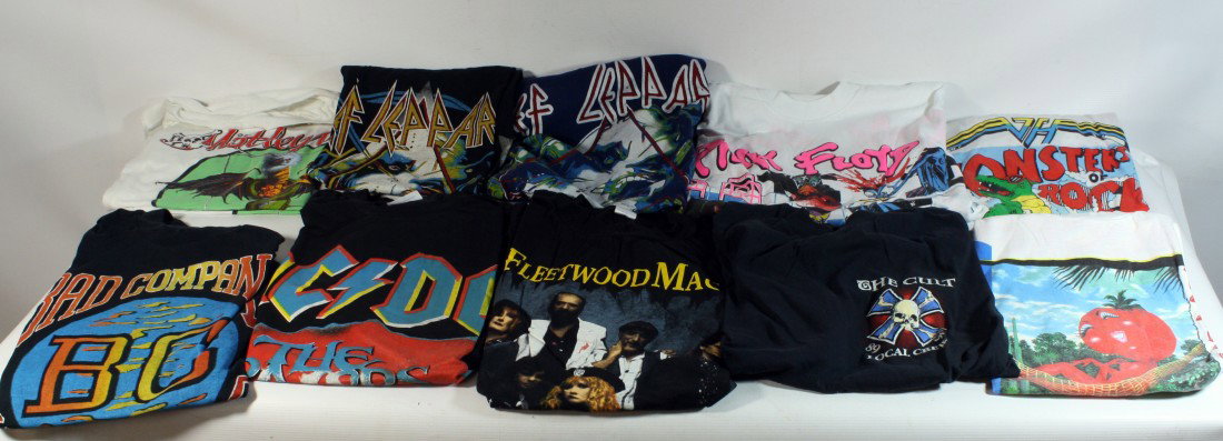 Lot of 10 Original Unworn Concert Tshirts includin: Lot of 10 Original Unworn Concert Tshirts including: Bad Company, ACDC Razor's Edge, Fleetwood Mac, Motley Crew, The Cult (local crew), Def Leppard x2 (blue & black), Pink Floyd, Monsters of Rock, Lit