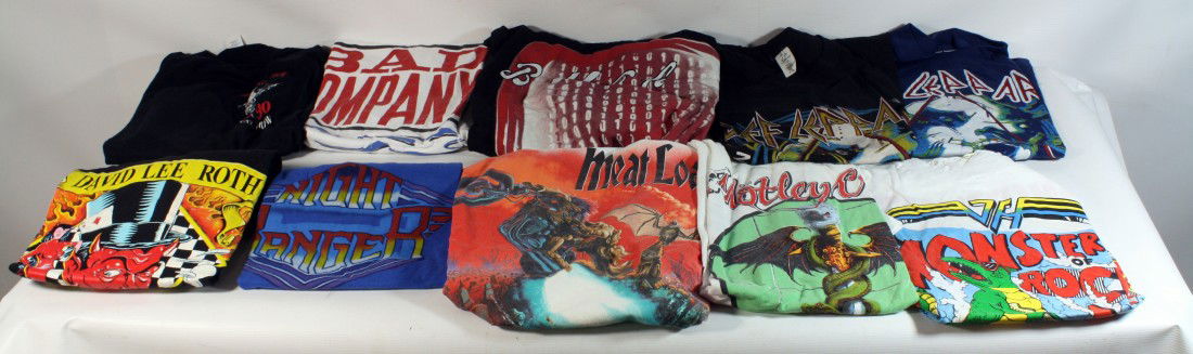Lot of 10 Original Unworn Concert Tshirts includin: Lot of 10 Original Unworn Concert Tshirts including: Motley Crew, Monsters of Rock, Def Leppard (2 diff), Meat Loaf, Night Ranger, Bad Company, Bush, David Lee Roth, Motley Crew 89/90