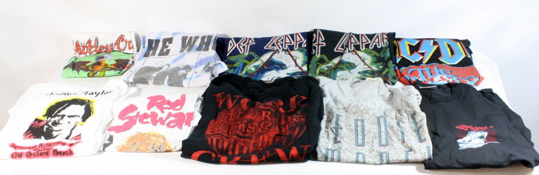 Lot of 10 Original Unworn Concert Tshirts includin: Lot of 10 Original Unworn Concert Tshirts including: James Taylor, Rod Stewart, Motley Crew, The Who, Def Leppard (2 diff), ACDC (2 diff), Brooks and Dunn, Eddie Money