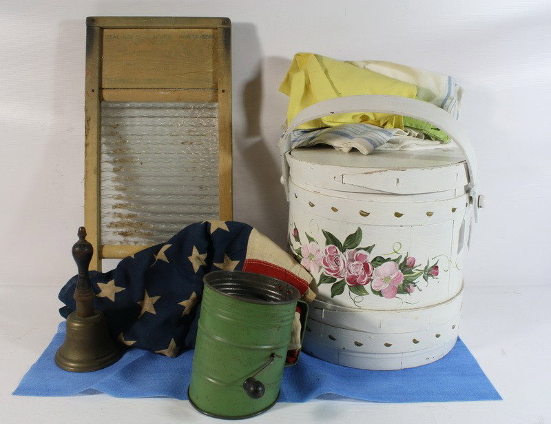 Misc. Lot with furkin, scrub board, sifter and mor: Misc. Lot with furkin, scrub board, sifter and more