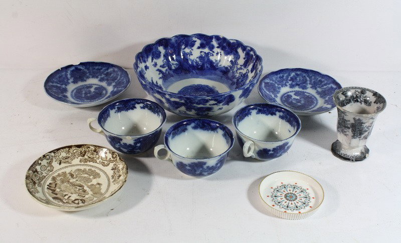 Lot of flow blue plates and cups and early china: Lot of flow blue plates and cups and early china