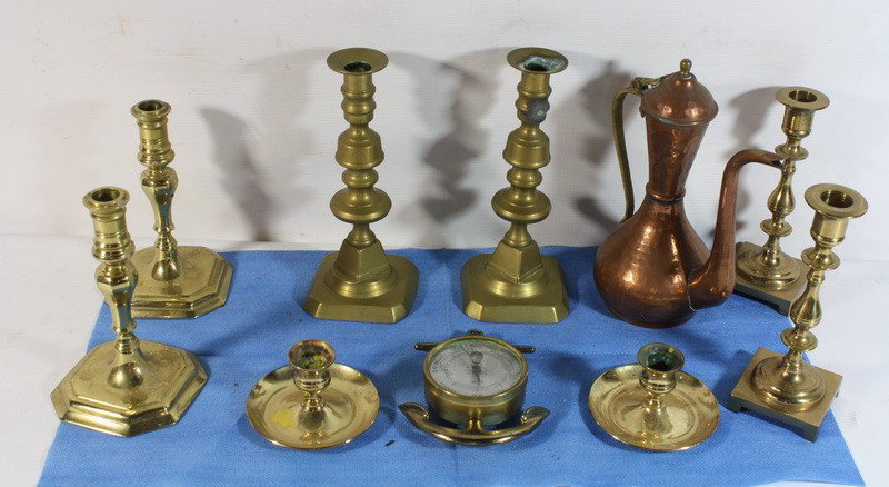 Misc. Lot of brass candlesticks, barometer and mor: Misc. Lot of brass candlesticks, barometer and more