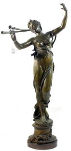 Joueuse de flûte bronze statue by Eugene Marioton 4: Joueuse de flûte bronze statue by Eugene Marioton 40" artist signed