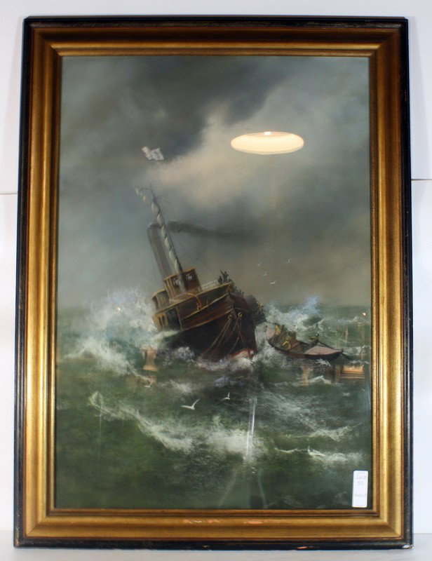 Large Pastel of ship at sea in storm 33x23: Large Pastel of ship at sea in storm 33x23
