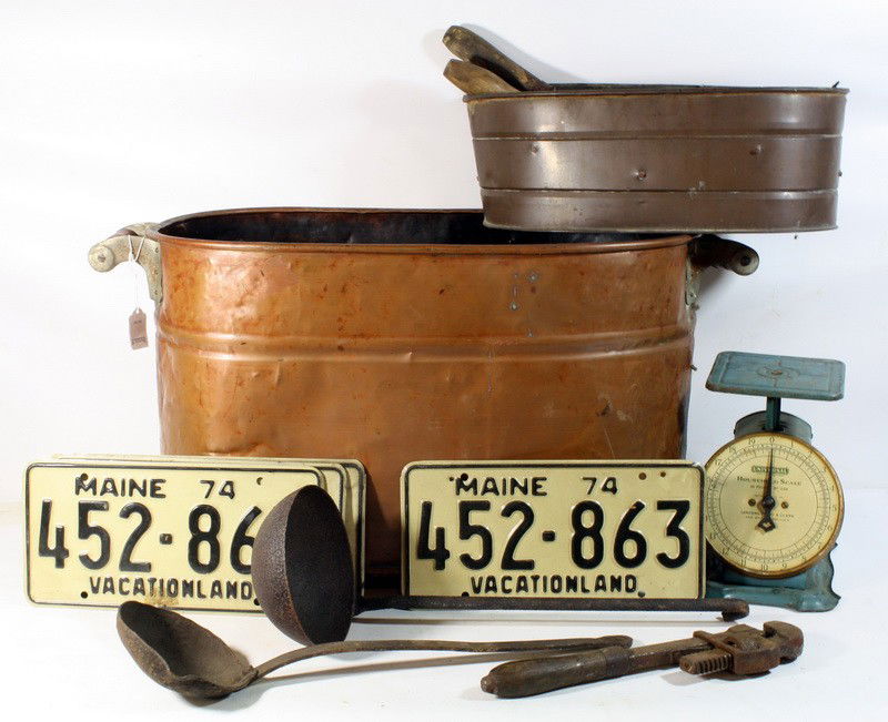 Misc lot: Wooden Handled Copper Boiler w Contents: Misc lot: Wooden Handled Copper Boiler w Contents: Licence Plates, Scale, Big Iron Dippers