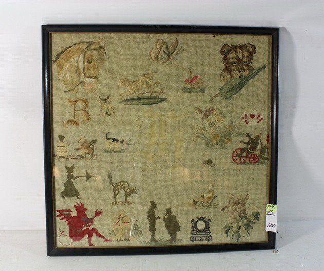 Framed needlepoint of dogs, cats and butterflies 2: Framed needlepoint of dogs, cats and butterflies 20x20