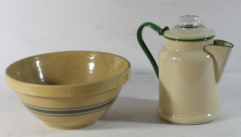2 pc. Country lot w/ yelloware mixinging bowl and: 2 pc. Country lot with yelloware mixing bowl and cream & green enamel tea pot