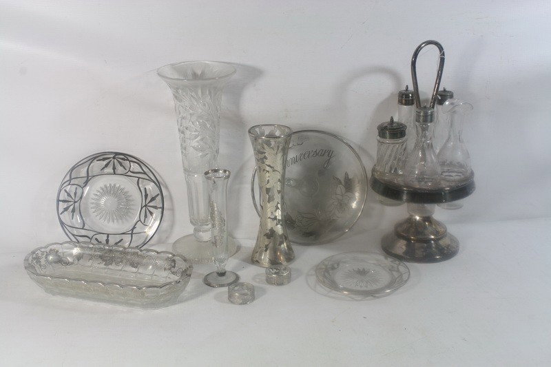 Lot with sterling and cruet set, silver overlay and: Lot with sterling and cruet set, silver overlay and more