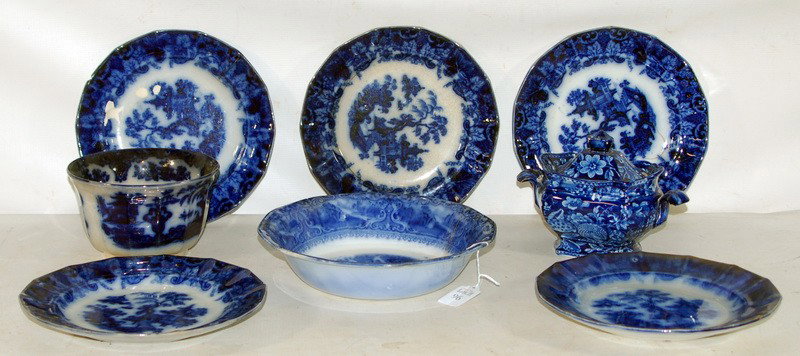 Eight Pieces of Flow Blue China (some with chips, m: Eight Pieces of Flow Blue China (some with chips, must see)